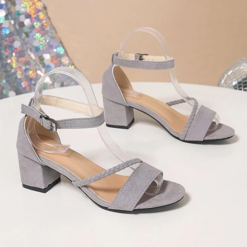 Фото 2024 Summer Suede Black Fashion Sandals Simple One Line Buckle with Square Heel Casual Shoes for Women №2