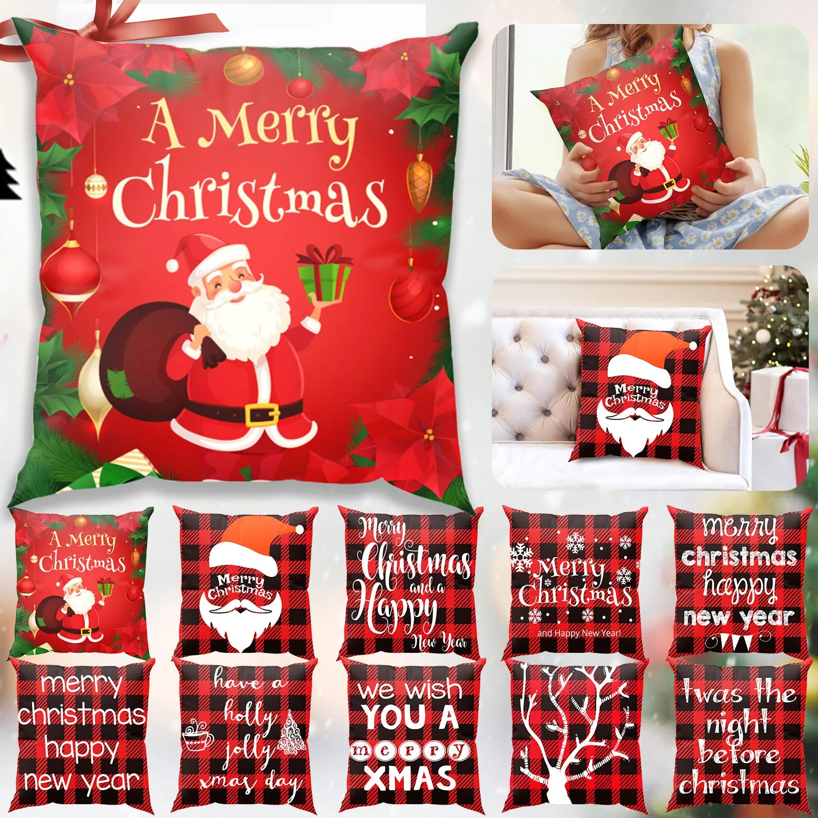 

Christmas Plaid Cushion Covers 18x18 Inch Farmhouse Home Decor Pillowcase Xmas Buffalo Check Letter Linen Throw Pillow Covers
