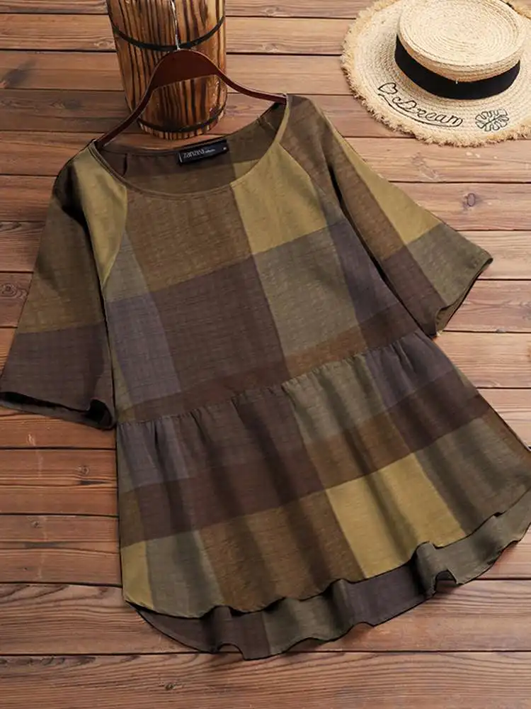 

Check Plaid Ladies Tops Shirt Oversized ZANZEA 2022 Office Lady Vintage Loose Blusas Femininas Womens Summer O Neck Loose Blouse