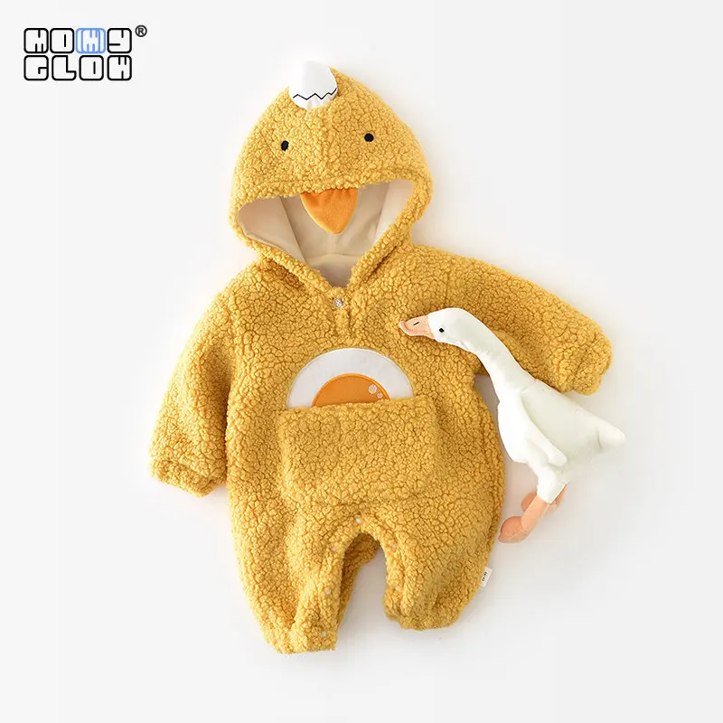 0-24m Infantil Newborn Baby Girl Cute Duck Inside Fleece Hooded Romper Warm One Piece Suit Toddler Boys Plush Pocket Snowsuit