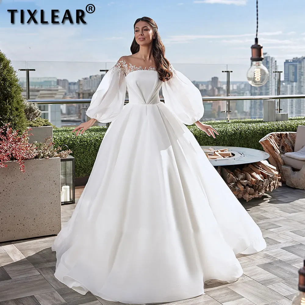 

TIXLEAR Elegant Strapless Party Wedding Dresses Off-the-shoulder Detachable Sleeves Bridal Gowns Court Train Vestidos De Novia