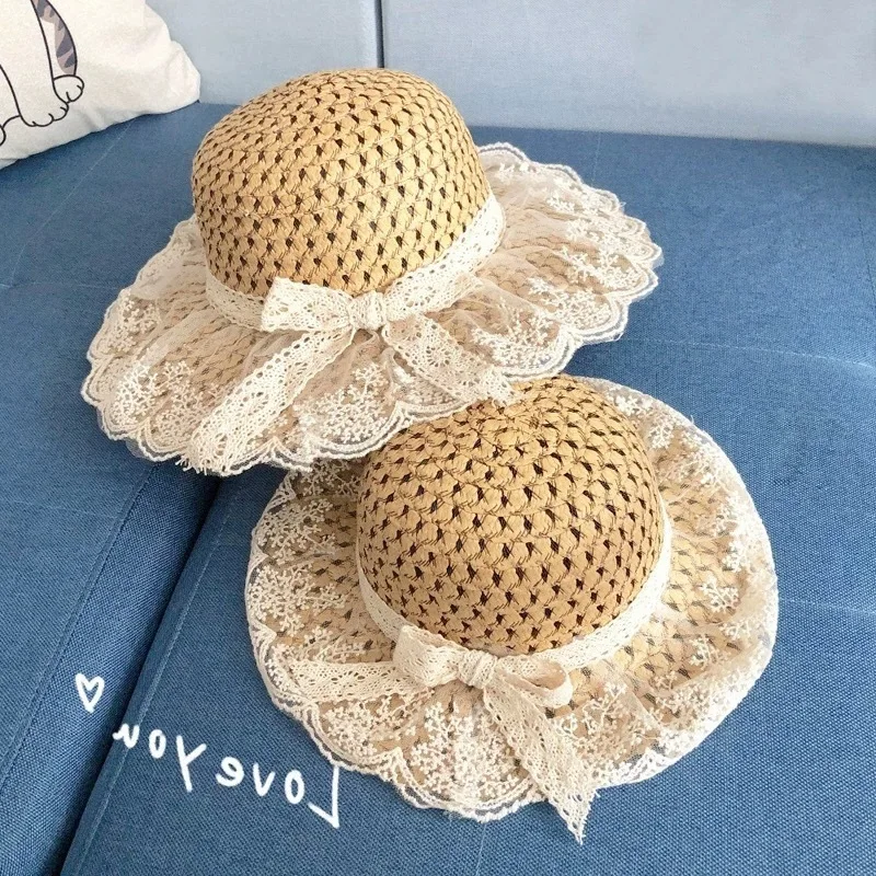 

Women Lace Sun Hats For Wide Brim Straw Beach Side Cap Floppy Female Dome Hat Lace Fringe Straw Hat Parent-child Summer Panama