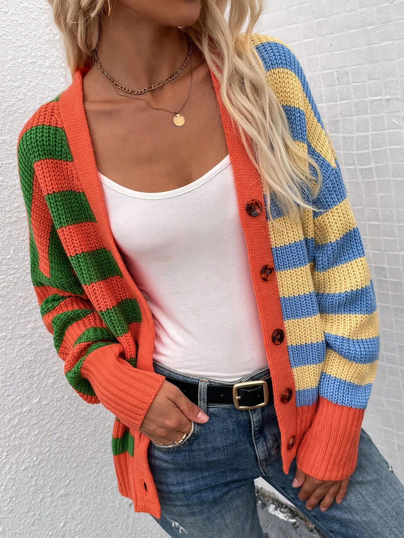 

Casual Striped Cardigan Sweater Lady Variegated Color Fashion Comfortable Knitwear Women Knitted Coat Vintage Female Top Clothes