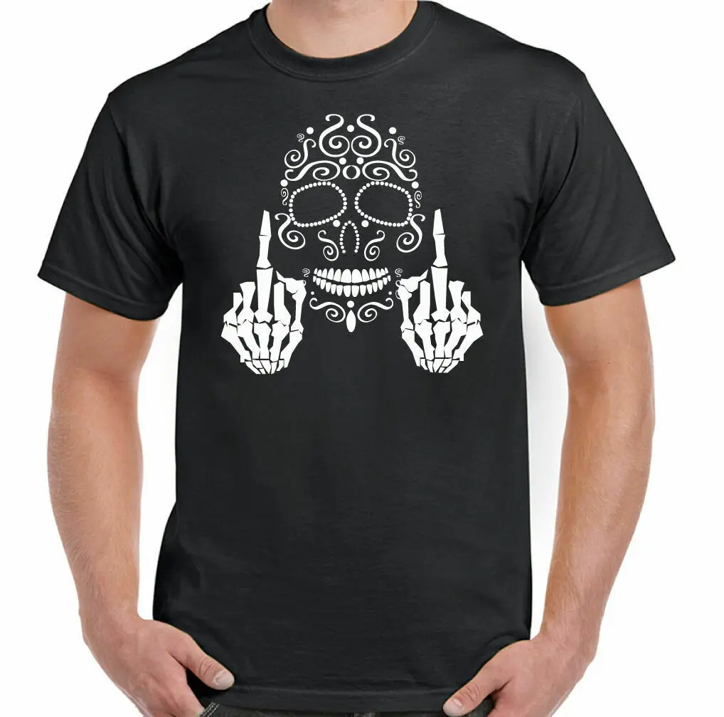 

Sugar Skull Middle Finger Mens Day of The Dead T-Shirt Motorbike Bike Biker Goth Mens Clothing