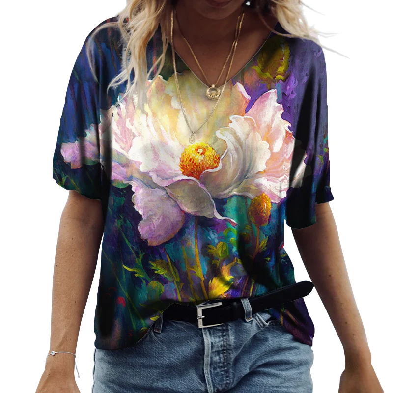 

Женская винтажная блузка с коротким рукавом, V-образным вырезом и цифровым принтом