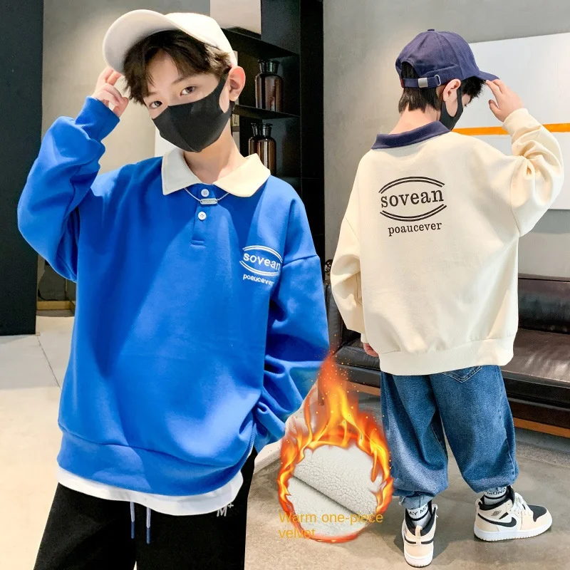 

Boy's plush sweater Autumn and winter 2022 Korean version embroidered lapel children's street fried children's clothing fashion