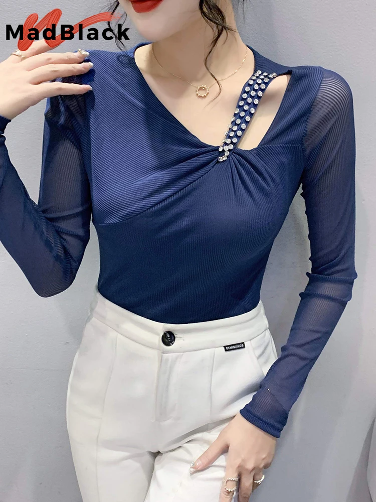 

MadBlack Irregular T-Shirt Sexy Slim Shinny Beaded Shoulder Women Stretchy Tops Long Sleeve Basic Tees Autumn Winter T29817X