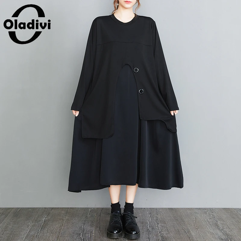 

Oladivi черное платье с длинным рукавом для женщин, Новинка осени 2022, одежда больших размеров d, повседневные свободные платья-миди, платья боль...