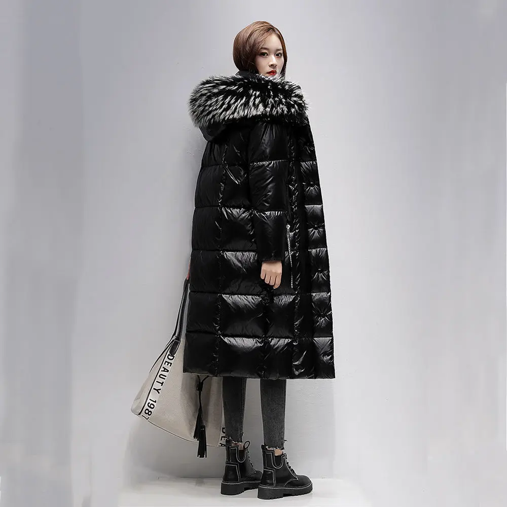 New Korean version of thick coat knee-high fur collar bright black cotton-padded jacket coat
