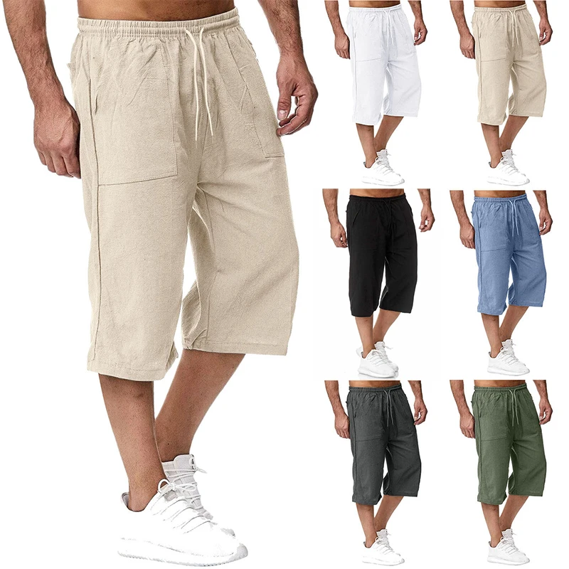 

Summer Men Harem Pants Casual Cotton Blend Calf-length Solid Loose Elastic Waist Shorts with Pockets 3/4 Length Straight Pants