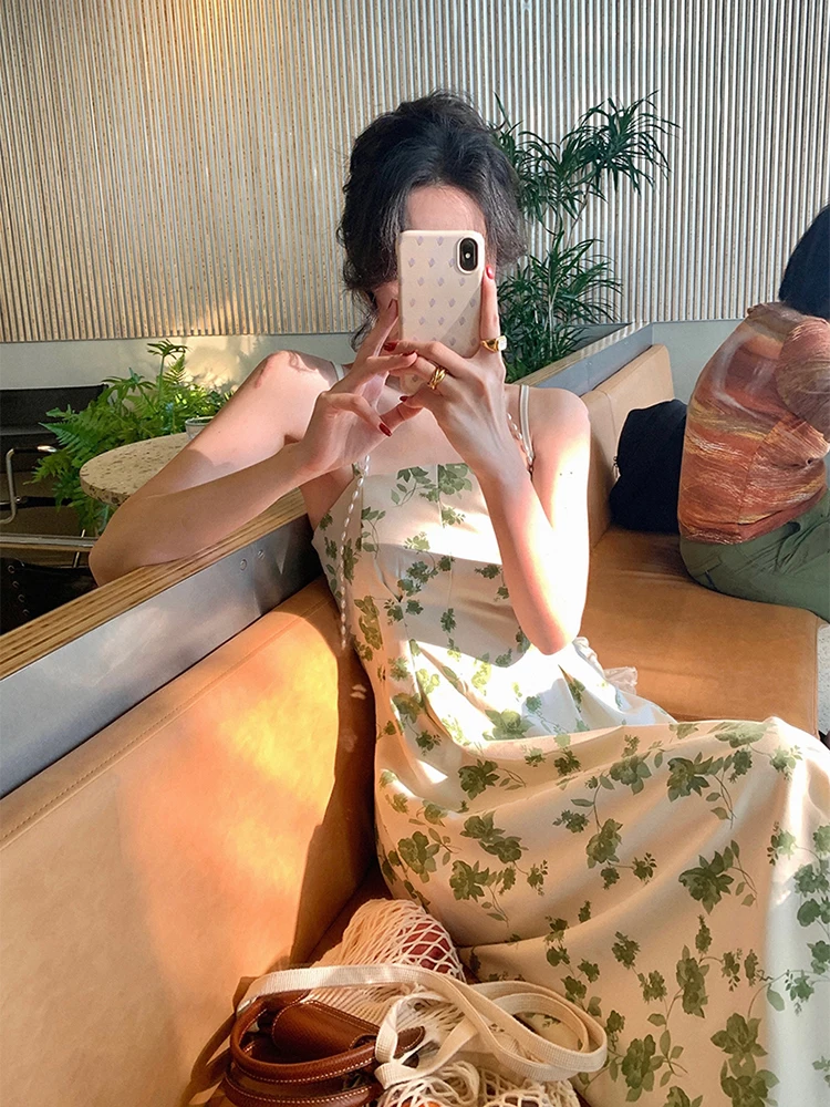 

Summer 2023 Harajuku Sweet Birthday Sexy Sleeveless Spaghetti Strap Printing Floral Midi Dress for Women Elegant Evening Green
