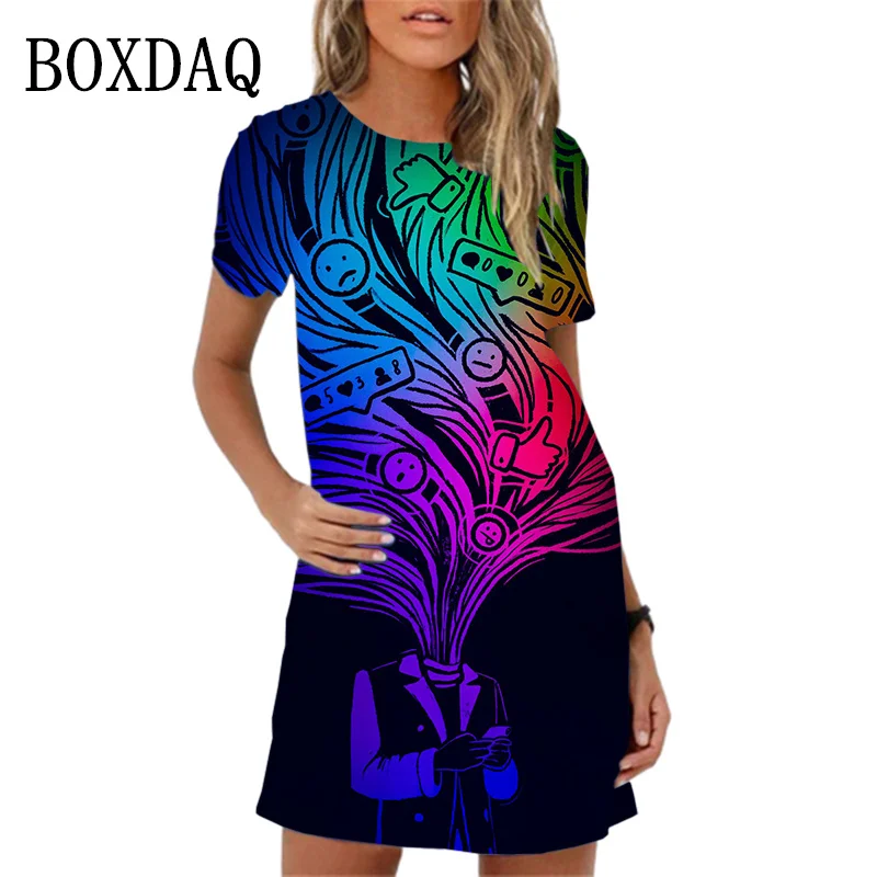 

Summer Women Dress Streetwear Fashion Hip Hop Abstract 3D Print A-Line Dress Gothic Funny Casual Short Sleeve Loose Mini Dress
