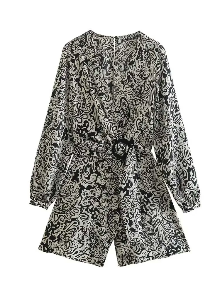 

KLKXMYT TRAF короткие комбинезоны для женщин 2022 Модный комбинезон с принтом и поясом винтажный элегантный комбинезон с длинным рукавом Комбинез...