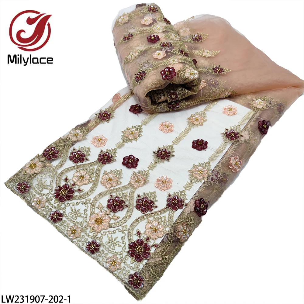 

Luxury Beads Embroidered French Net Fabric Super Quality African Tulle Lace Fabric with Sequins for Evening Dress LW231907-202