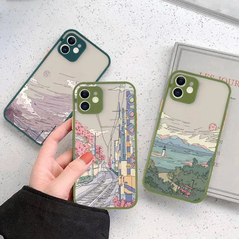 

Korean Sunset scenery Landscape Illustration Phone Case matte transparent For iphone 14 11 12 13 plus mini x xs xr pro max cover