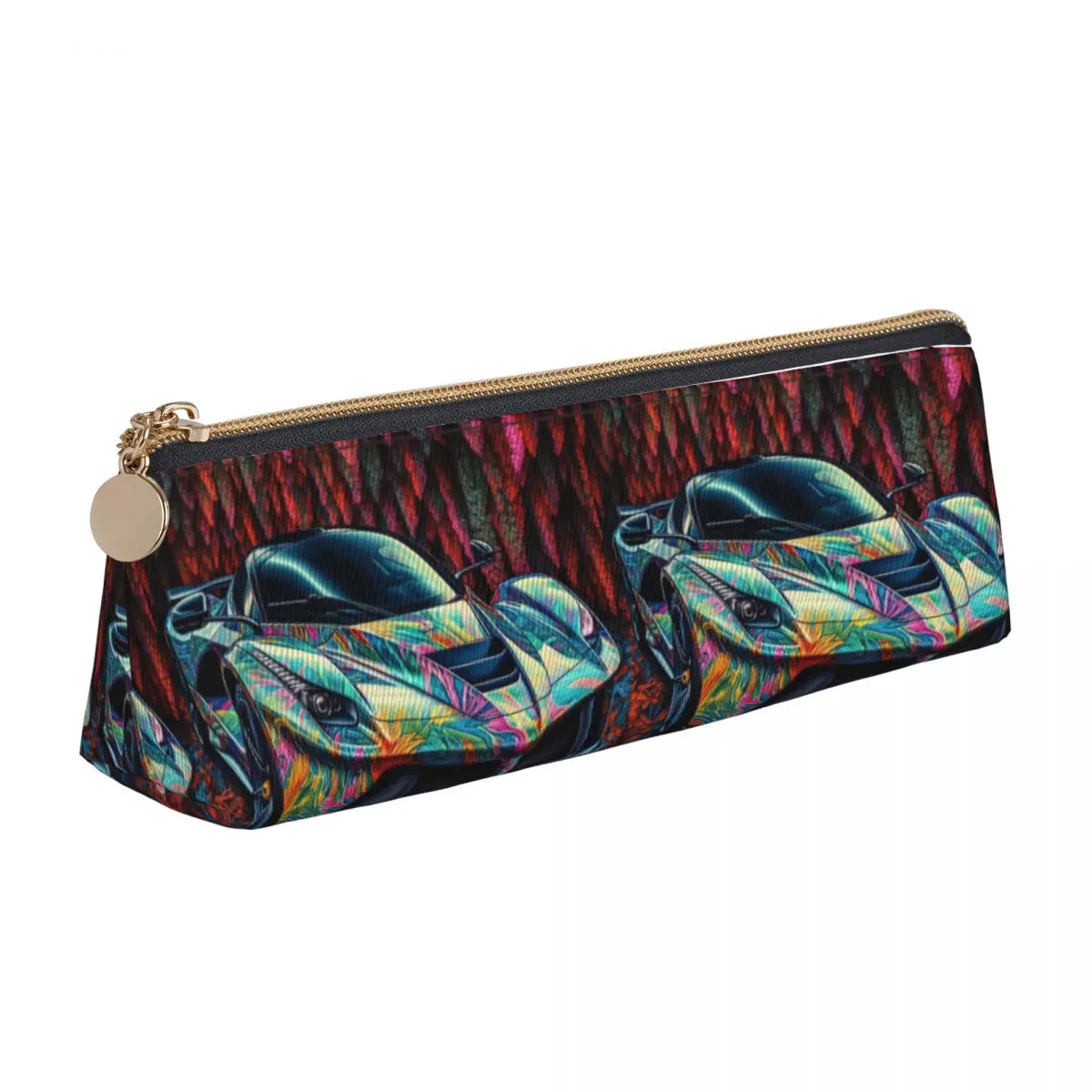 

Passionate Sports Car Leather Pencil Case Neon Colorful Painting Fashion Zipper Pencil Box School For Child Triangle Pen Bag