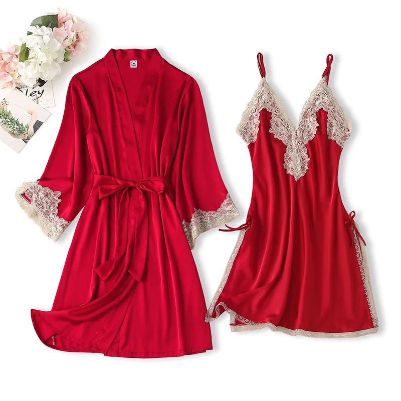 

Tulin Fashion Satin Silk Women Robe Set 2 Pieces Sleepwear Kimono Bathrobe Nightgown Lace Patchwork Clothes Intimate Lingerie