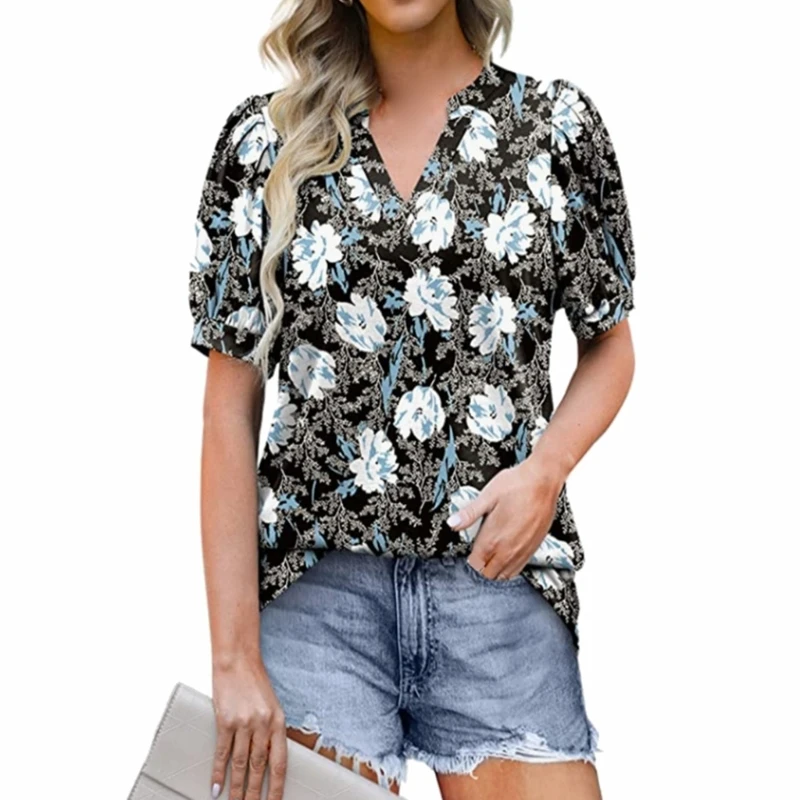 

Sweet Women Polo T-shirt Vintage Floral Print Loose Top Summer Casual V Neck Short Sleeve T-shirt Cute Streetwear