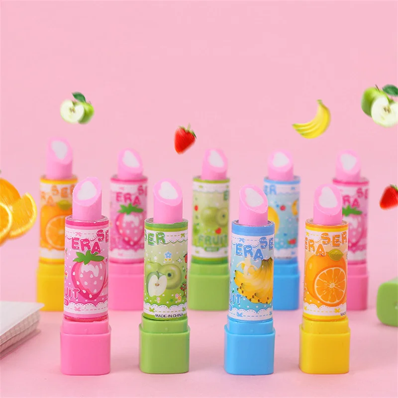 

5Pcs Cute Cartoon Fruit Lipstick Shape Eraser Kids Birthday Baby Shower Party Favors Guest Gifts Pinata Fill Giveaway Goodie Bag