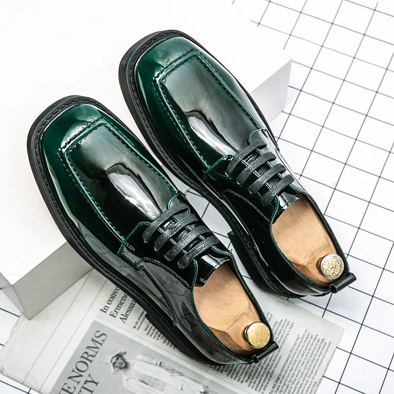 

2022 New Fashion Square Toe Mens Dress Shoes Platform Leather Shoes for Men Lace-up Party Oxford shoes Man Mirror Luxury Shoes