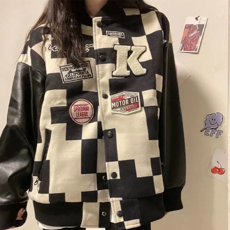 

2022 spring Bomber Jacket Korean black white check baseball uniform jacket BF trend Hong Kong style loose lovers casual coats