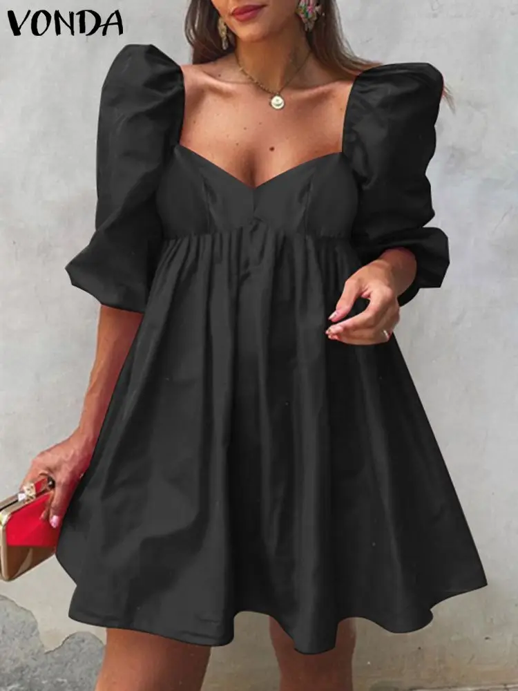 

Весеннее женское платье VONDA с пышными рукавами, шикарное платье-трапеция, богемное женское мини-платье, повседневный однотонный свободный с...