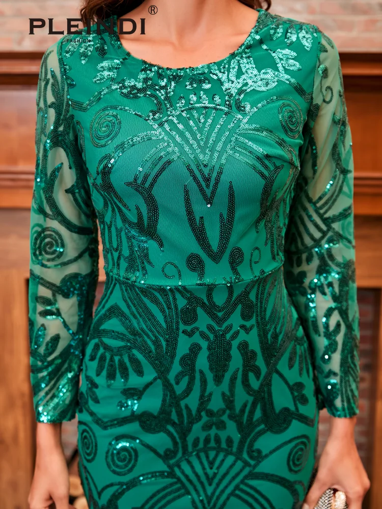 PLEINDI Luxury Evening Dresses O-Neck Sequins Mermaid Long Sleeves Floor Length 2022 New of Exquisite Women Party Prom Dress