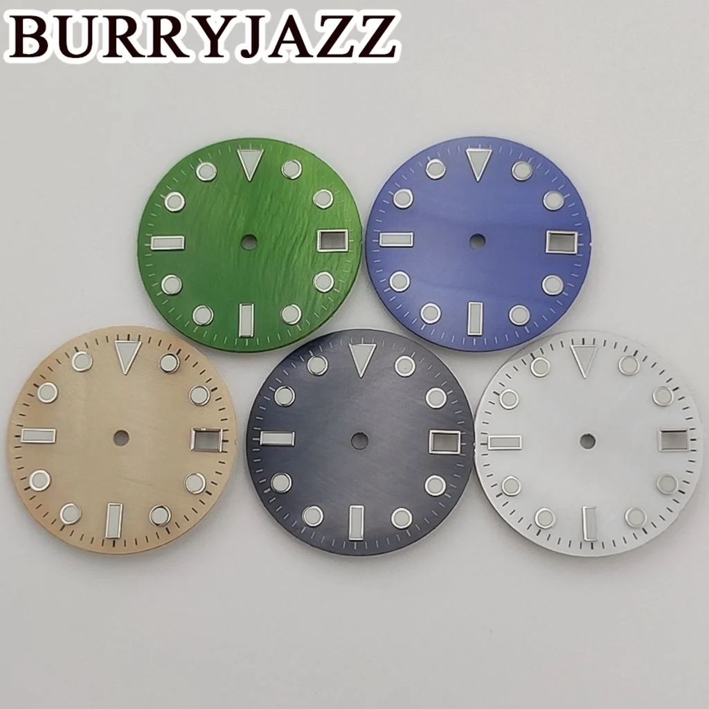 

Циферблат для часов BURRYJAZZ, светящийся циферблат 28,5 мм, черный, белый, синий, зеленый цвета, подходит для часов NH35 с часовым механизмом 3,8 часов, стандартная Корона