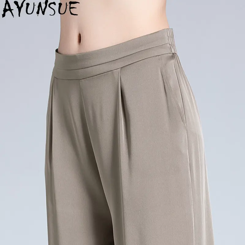 Elegant 95% Mulberry Silk Wide-leg Pants Lady Streetwear 23 Summer Spring High Waist Pants Woman Clothes Ankle-length Trousers