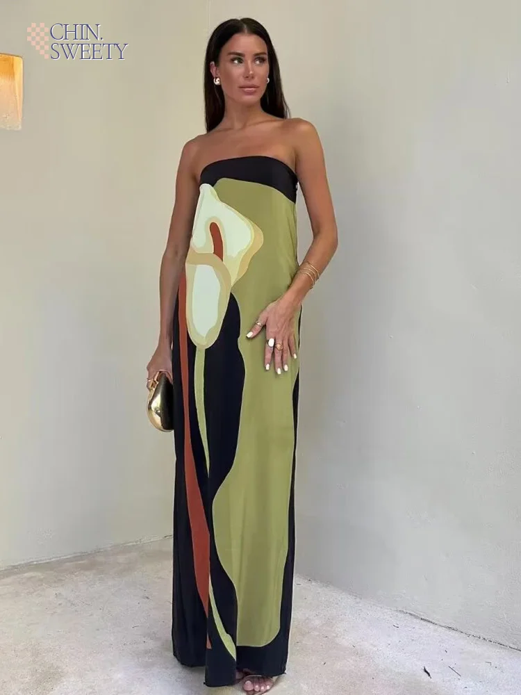 Длинное платье без бретелек с принтом рукавов для отпуска женские модные платья