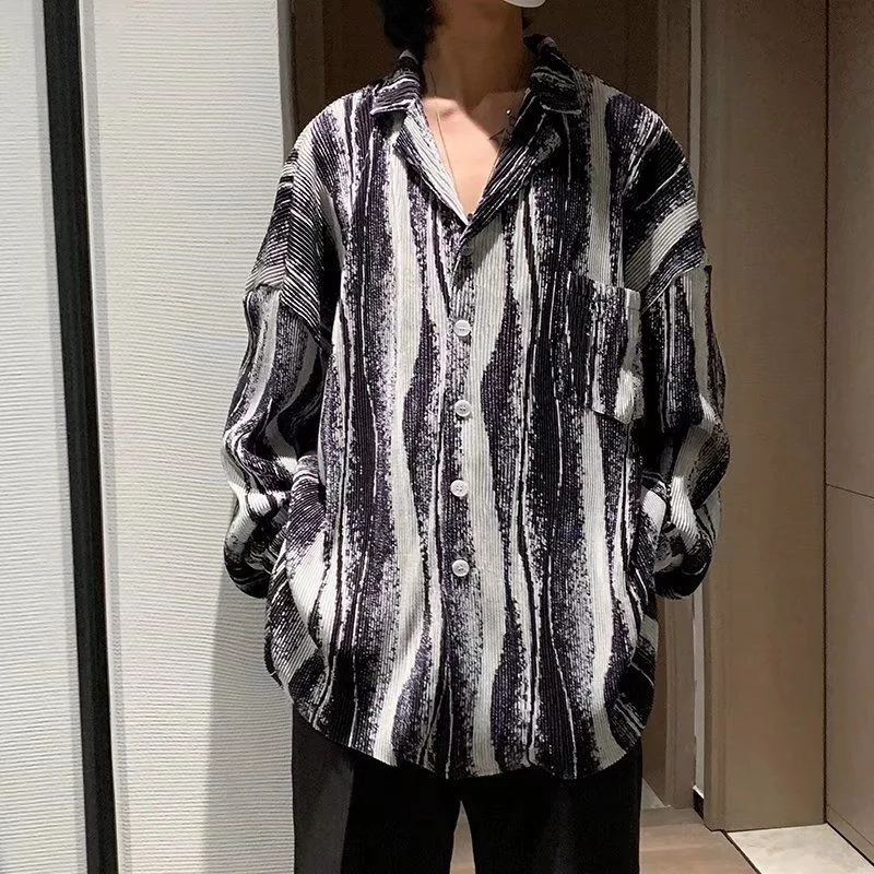 Spring Pleated Shirts Men Fashion Tie Dye Casual Shirts Mens Streetwear Korean Loose Long Sleeve Shirts Mens Pocket Shirts M-2XL