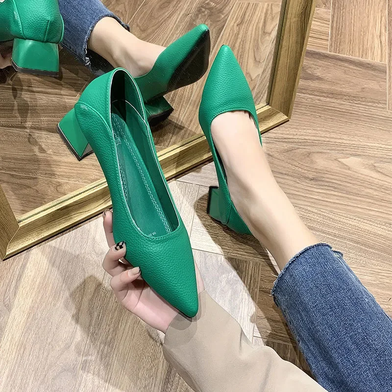 

Sapatos Femininas Women Light Weight European Stylish Elegant Green Square Heel Shoes Lady Casual Office Party Heel Shoes E1038