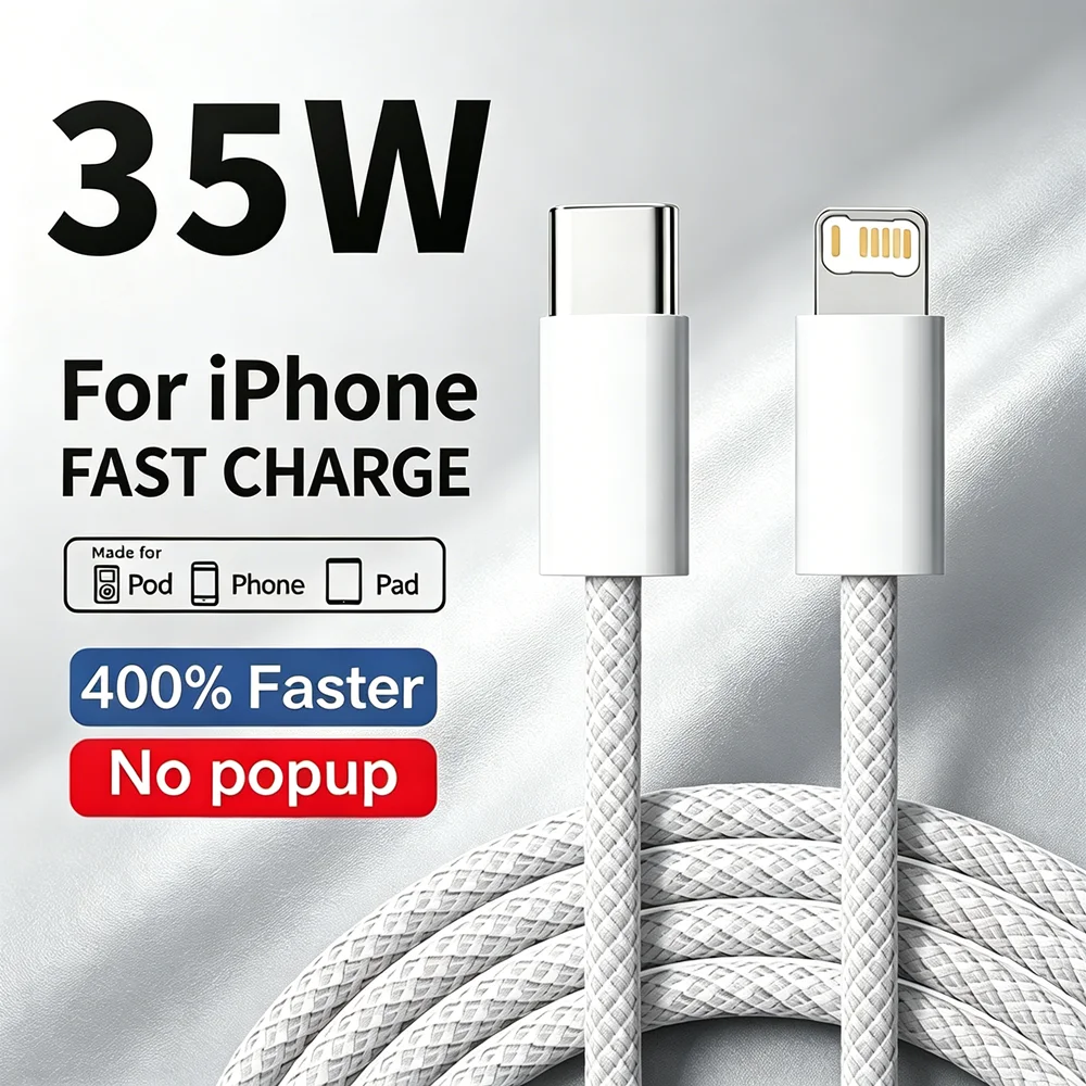 Фото Кабель для быстрой зарядки PD 35W с плетеным корпусом для iPhone 11, 12, 13 mini, 14 Pro Max, X, XR, XS Max, 7, 8 Plus, USB-C, 1м, 2м №2