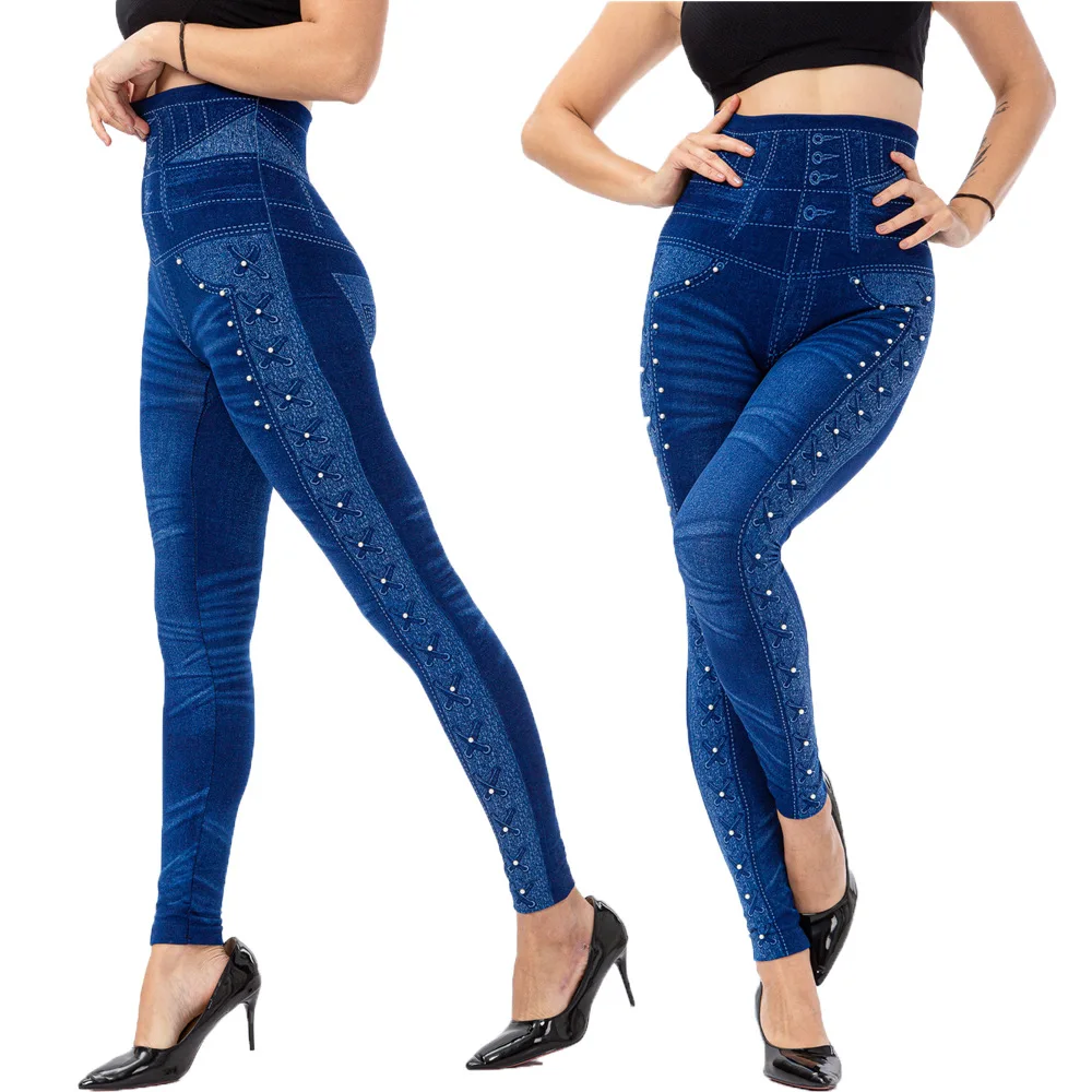 Sexy astic Imitation Jeans Leggings High Waist Pants Fitness Slim Legg Mujer Sport Fashion Printing Faux Denim Jeans For Women