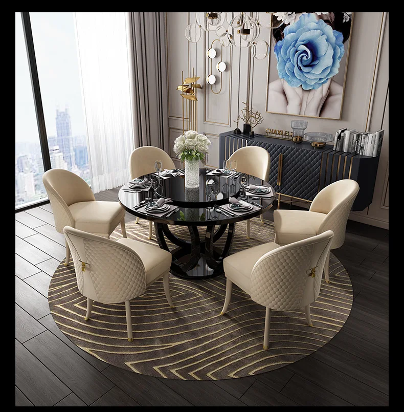 

Rock slab dining table simple rectangular light luxury stainless steel dining table and chairs high-end villa furniture