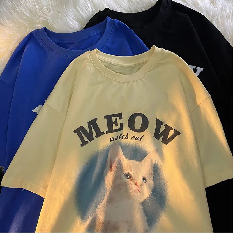 

Funny Cat Print Cute Graphic Tshirt Women Cartoon Retro Y2K Ladies Blue Meow Meme Tee T Shirt Vintage Oversized Top Summer