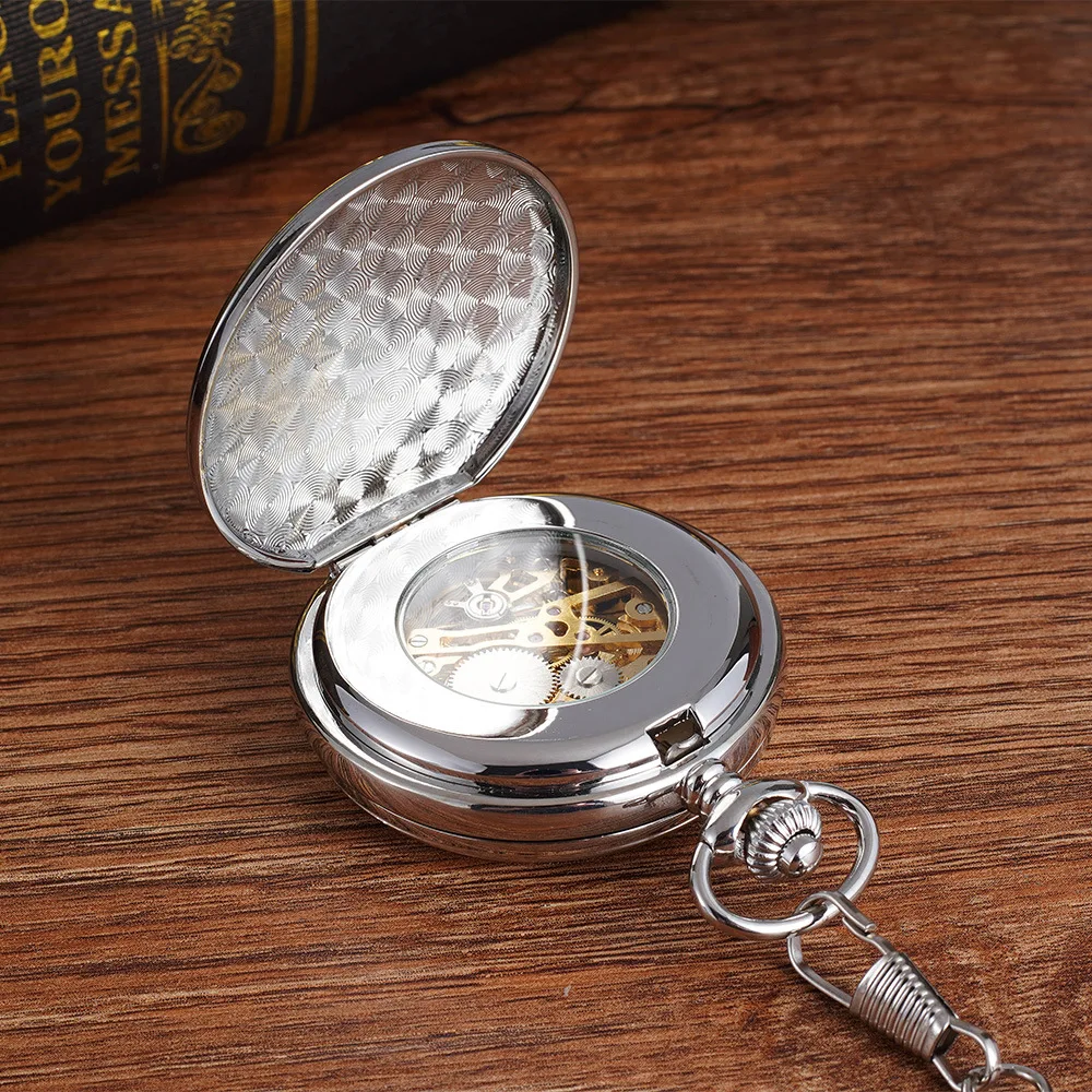 Luxury Black Mechanical Pocket Watch for Men Women Smooth Case Roman Numerals Dial Man Fob Chain Pendant Clock for Collection