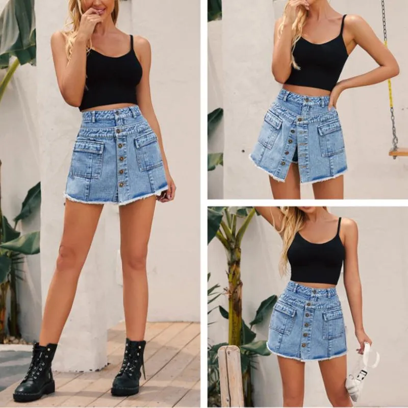 Summer streetwear Solid Color Flap Pocket Belt Loop Culottes Adult shorts Summer Women 2023 Sexy High Waisted blue Button Shorts