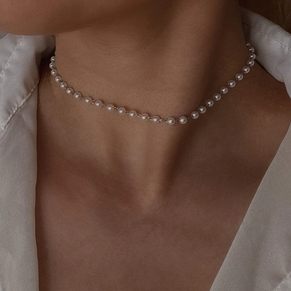 Stainless Steel Necklaces For Women Chain Simple Pearl Necklace Choker Necklace Handmade Strand Bead Necklace Fashion Jewelry