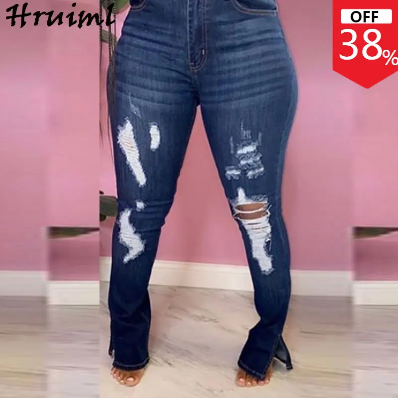 

Wholesale Pants Women 2022 Fall Fashion Hole Denim Joggers Streetwear Women Slit Long Trousers Fashion Mid Waist Skinny Pants