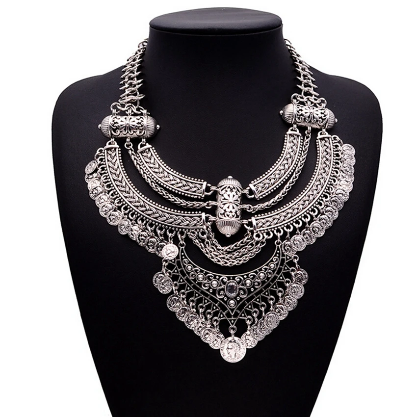 

DiLiCa Vintage Statement Necklace Women Coins Tassel Maxi Necklaces Bohemian Jewelry Chokers Silver Color