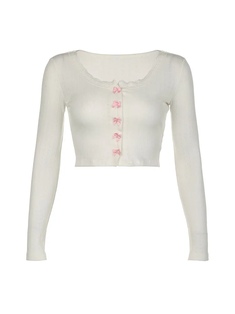 

Women 2000s Aesthetic Long Sleeve Bow Crop Top Lace Patchwork T-Shirt Hot Coquette Gyaru Streetwear Ballet Core O-Neck Kpop Tees
