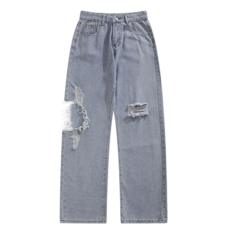 

Spring Summer Ripped Hole Jeans Men Straight Loose Street Hip Hop Trousers Light Blue Ins Casual Denim Pants S-3XL 2022