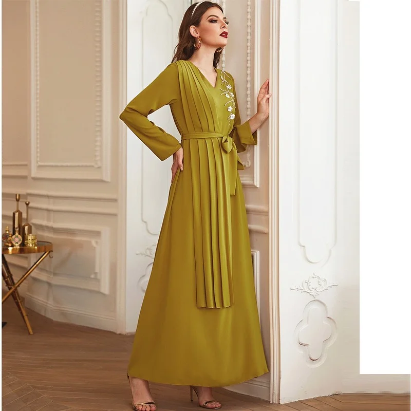 Crystal Maxi Dress Abaya Muslim Women Hand Sewn Rhinestones Long Sleeve Pleated Dress Eid Party Islamic Morocco Dubai Turkey