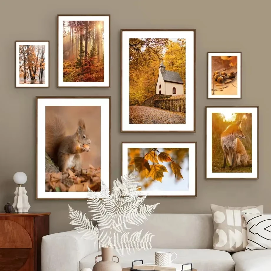 Осенний лес белка лиса тыква сосновый домик печать плакатов холст картина