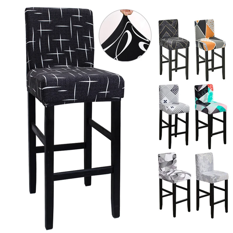 Stretch Printed Short Back Chair Cover Plain Elastic Bar Stool Covers for Cafe Dining Room Washable Low Back Barstool Seat Case