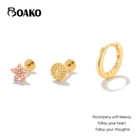 boako 3pcs s925 silver piercing hoop earrings set for women jewelry pink flower zircon stud earrings aretes boucle oreille cz
