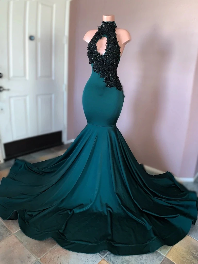 

Teal South African Prom Dresses Mermaid Halter Appliques Beaded Black Girls Nigeria Robe De Soiree Evening Dresses Gown