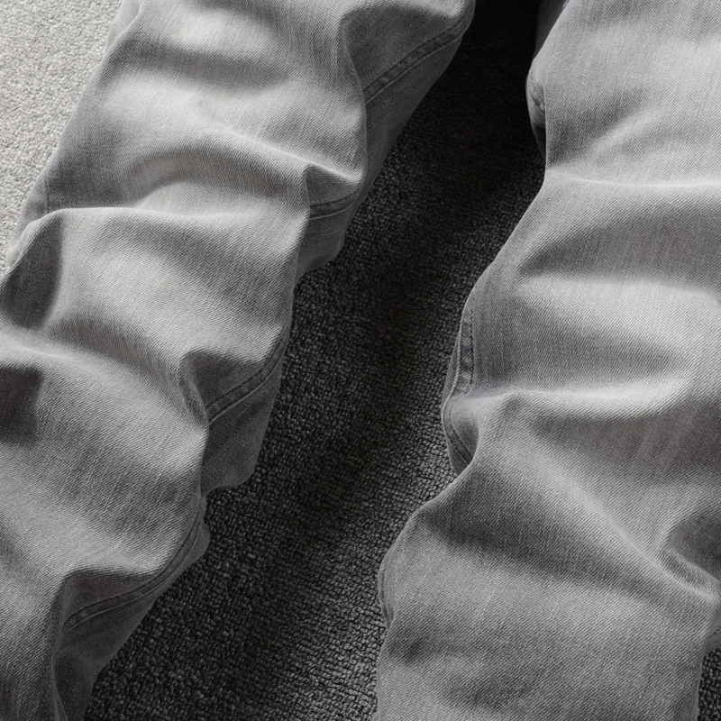 European Vintage Fashion Men Jeans High Quality Retro Gray Elastic Slim Jeans Men Denim Trousers Simple Designer Pants Hombre