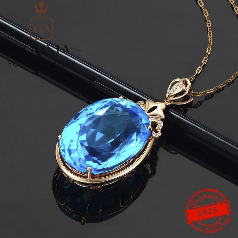 

1:1MENGYI Роскошные ювелирные изделия женские Овальные большие синие камни 925 Подвески ожерелье розовое золото ожерелье Новое модное ожерелье ...